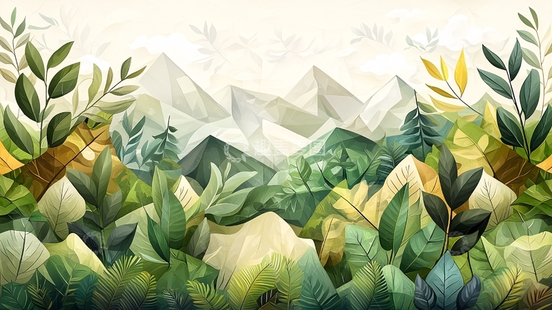 高清大图下载【趣麦麦图】绿色山峦植物水彩画