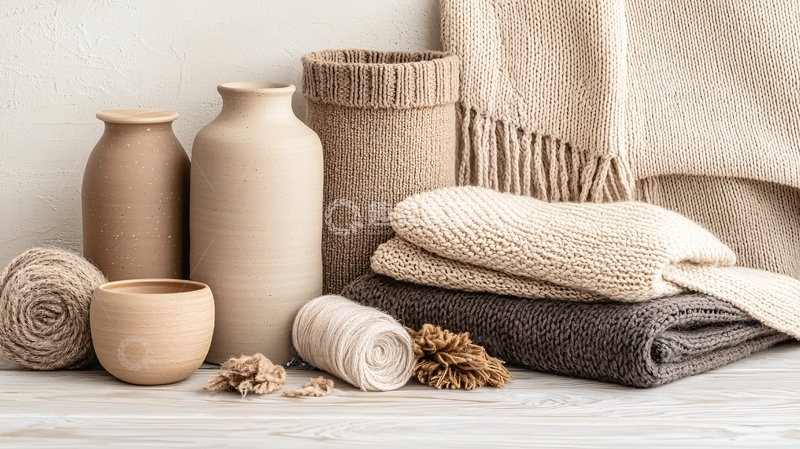 高清大图下载【趣麦麦图】米色陶瓷器皿和毛巾静物