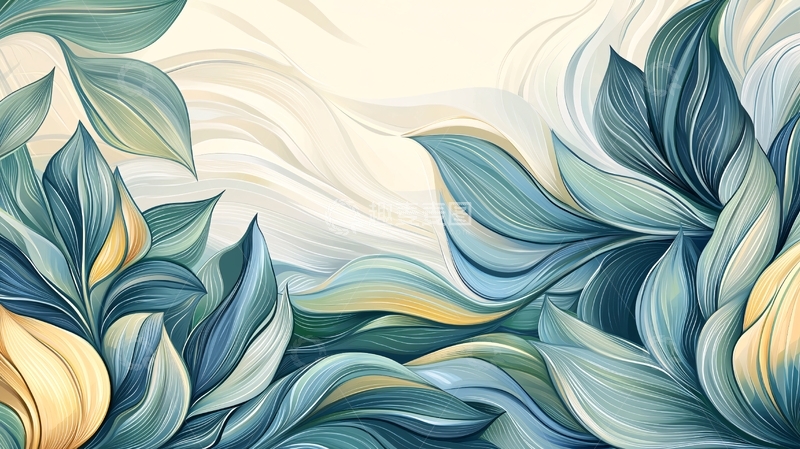 高清大图下载【趣麦麦图】手绘风蓝色植物叶子背景