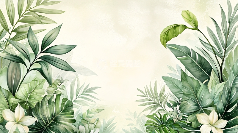 高清大图下载【趣麦麦图】热带植物水彩背景