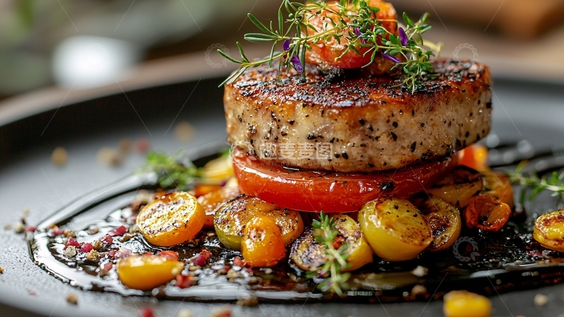 高清大图下载【趣麦麦图】精致摆盘的圆形牛排