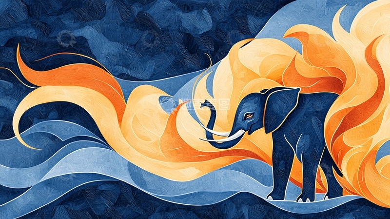 高清大图下载【趣麦麦图】蓝色大象与火焰抽象绘画