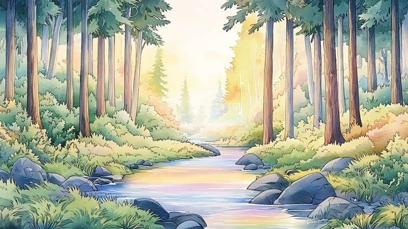 高清大图下载【趣麦麦图】森林小溪清新风景画