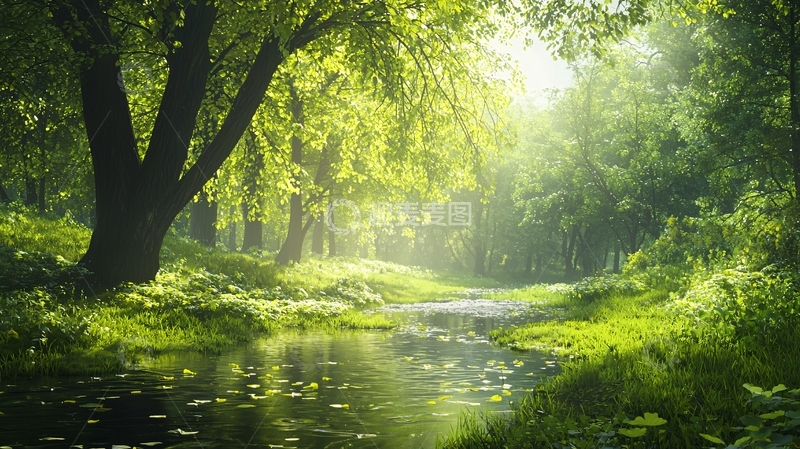 高清大图下载【趣麦麦图】阳光穿过树林的河流