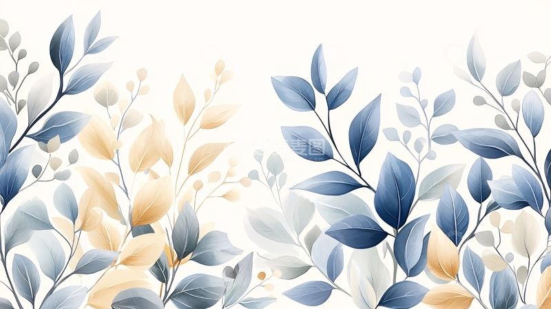 高清大图下载【趣麦麦图】蓝金色水彩叶子背景