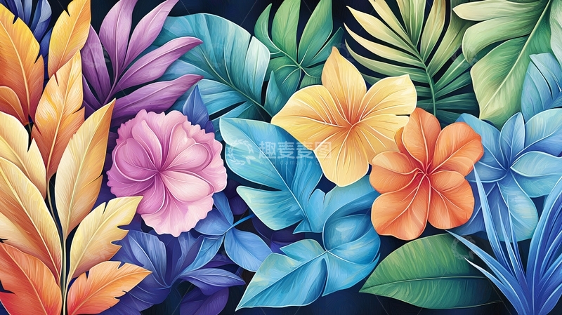 高清大图下载【趣麦麦图】色彩鲜艳的花叶图案