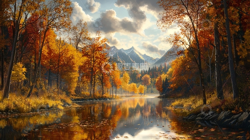 高清大图下载【趣麦麦图】秋季河流森林山脉油画风格风景