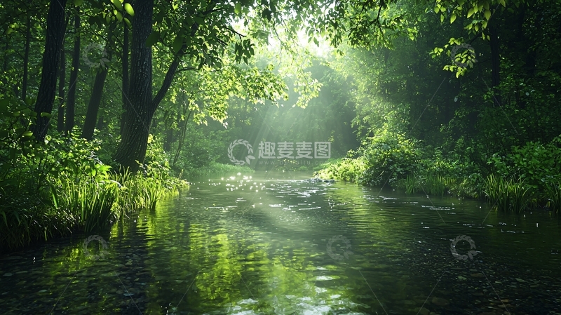 高清大图下载【趣麦麦图】阳光洒在绿树上的小溪