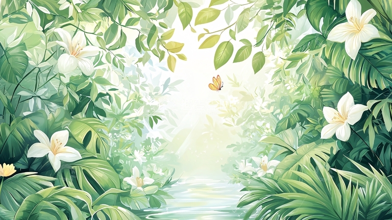 高清大图下载【趣麦麦图】茂密森林里的花和蝴蝶