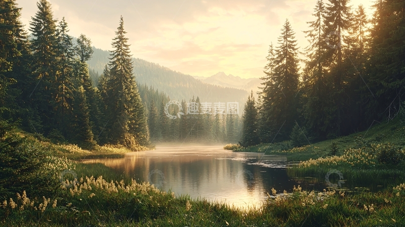 高清大图下载【趣麦麦图】宁静的湖边森林清晨