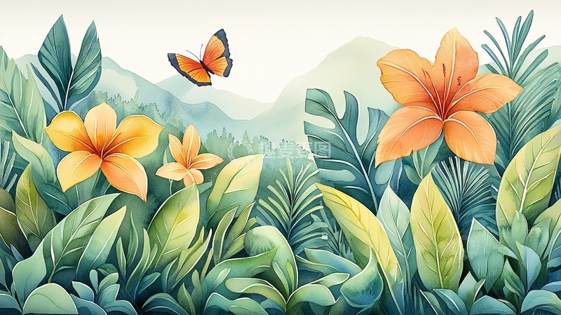 高清大图下载【趣麦麦图】花卉丛林蝴蝶山水