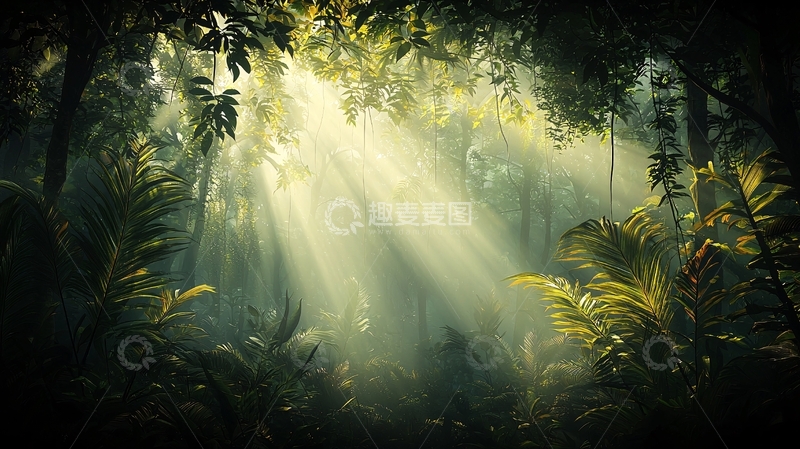 高清大图下载【趣麦麦图】阳光穿透茂密森林