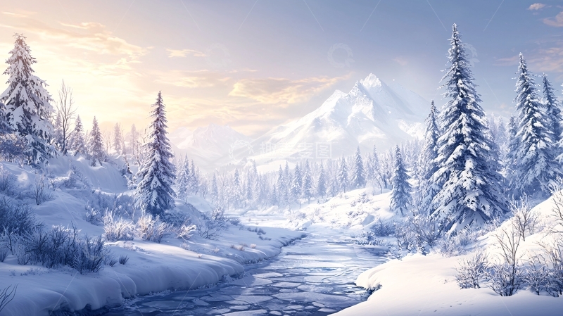 高清大图下载【趣麦麦图】雪山溪流松树的冬季风景