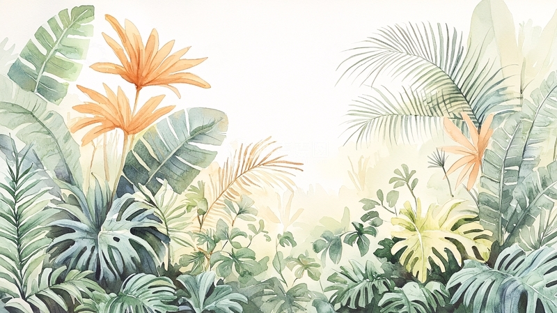 高清大图下载【趣麦麦图】热带植物水彩画背景