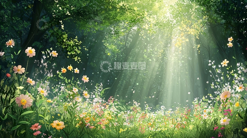 高清大图下载【趣麦麦图】阳光穿过森林花海