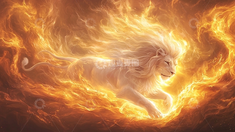 高清大图下载【趣麦麦图】火焰环绕的白色雄狮