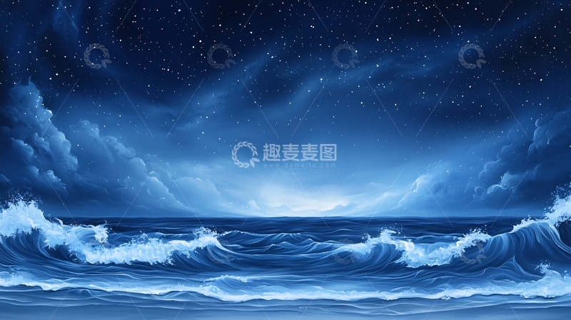 高清大图下载【趣麦麦图】夜晚星空下的蓝色海面