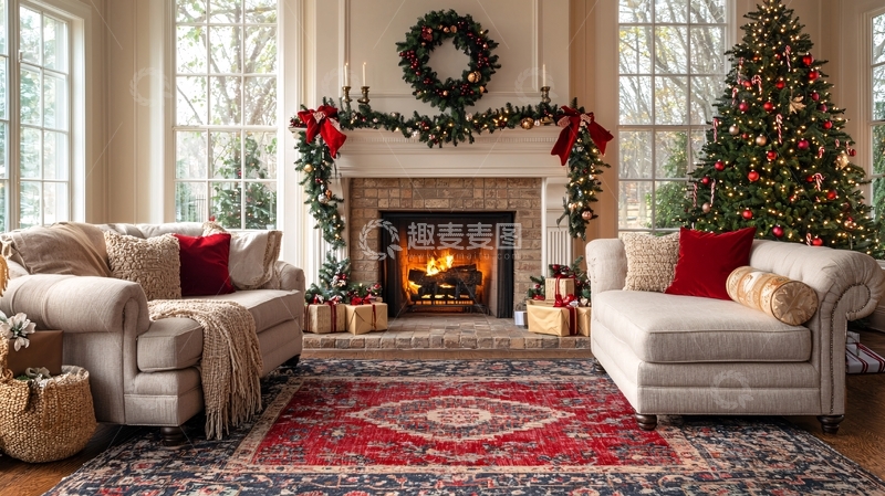 高清大图下载【趣麦麦图】圣诞节装饰壁炉客厅