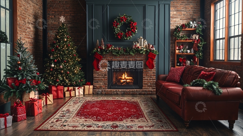 高清大图下载【趣麦麦图】圣诞节装饰壁炉客厅