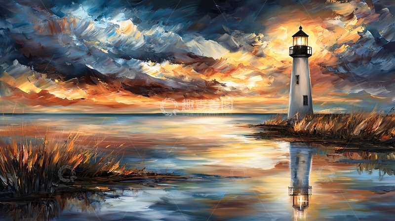 高清大图下载【趣麦麦图】海边灯塔唯美日落风景