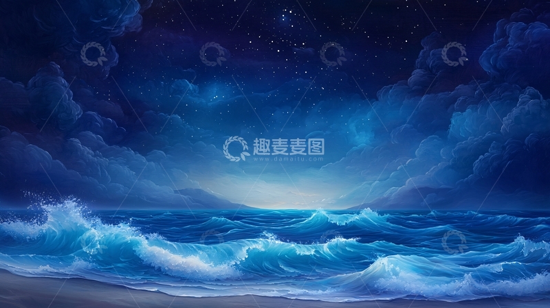 高清大图下载【趣麦麦图】蓝色夜空下的海浪