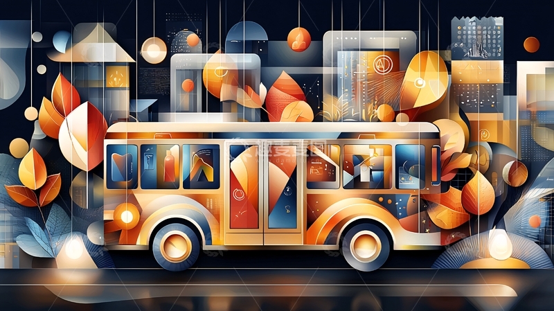 高清大图下载【趣麦麦图】彩色几何抽象风巴士