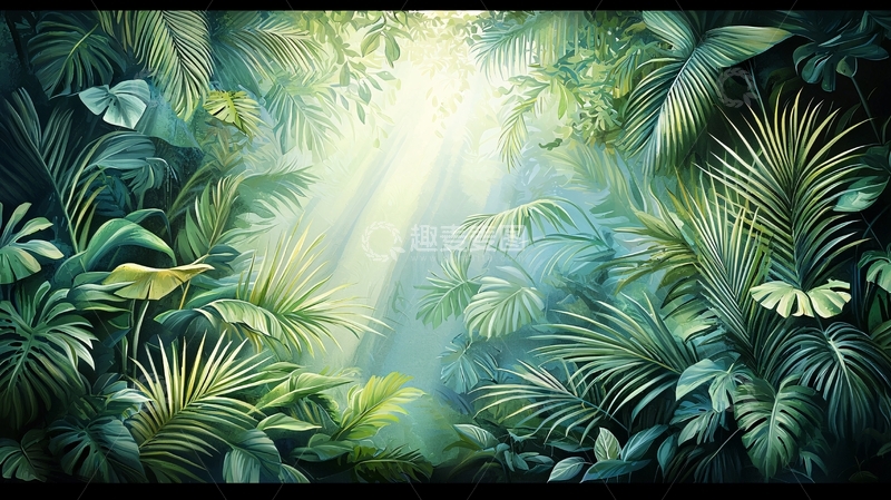 高清大图下载【趣麦麦图】热带雨林光线梦幻插画