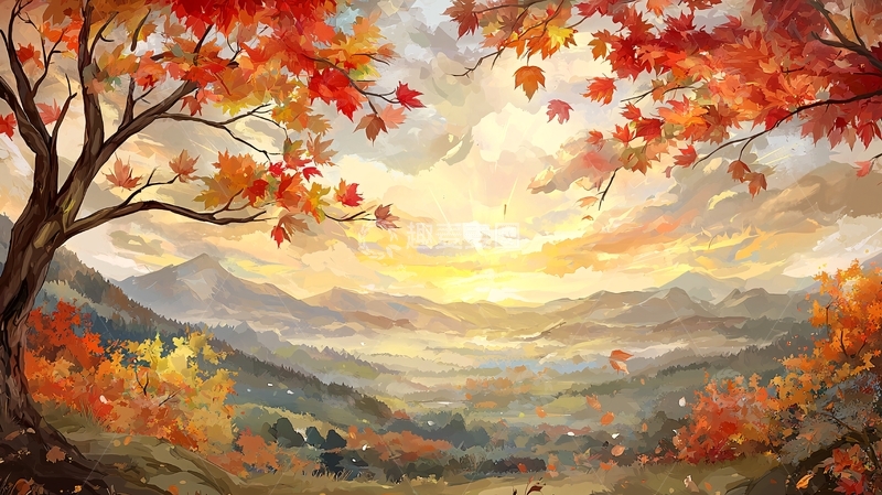 高清大图下载【趣麦麦图】秋日山景油画风
