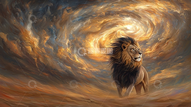 高清大图下载【趣麦麦图】狮子在金色漩涡中咆哮