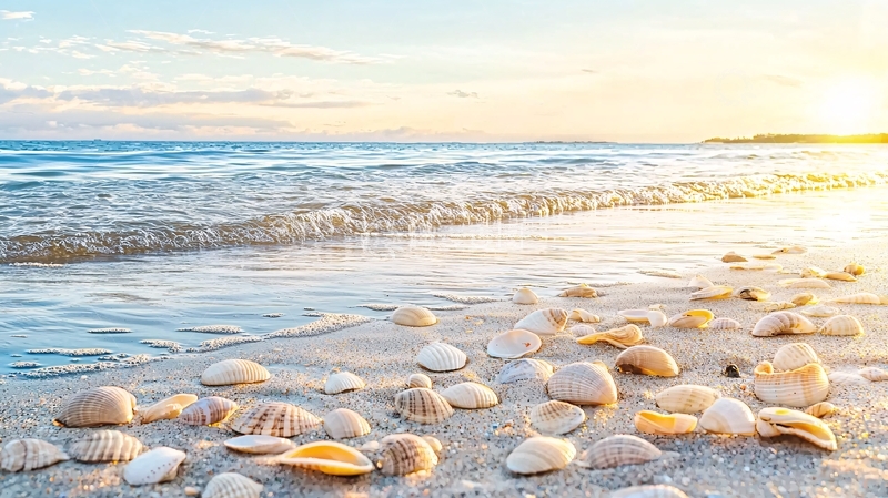 高清大图下载【趣麦麦图】海滩日落贝壳波浪
