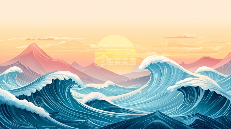 高清大图下载【趣麦麦图】海浪拍打山脉的唯美插画