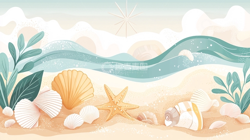 高清大图下载【趣麦麦图】海滩贝壳温柔水彩插画