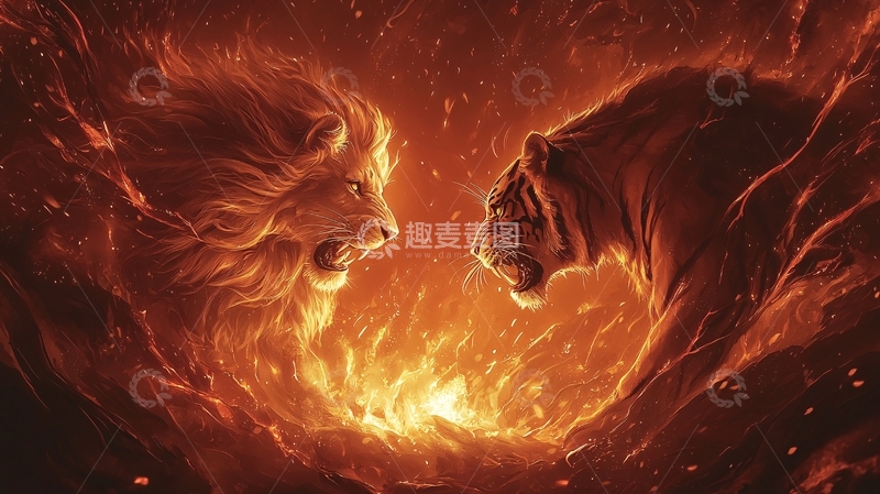 高清大图下载【趣麦麦图】狮子老虎火焰对峙