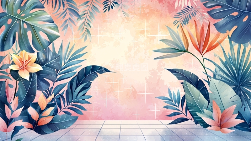 高清大图下载【趣麦麦图】热带植物水彩背景