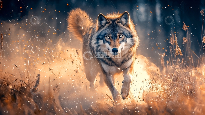 高清大图下载【趣麦麦图】奔跑的狼在金色草地中