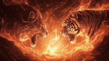 火焰中的狮子和老虎对峙