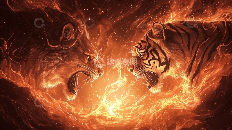 高清大图下载【趣麦麦图】火焰中的狮子和老虎对峙