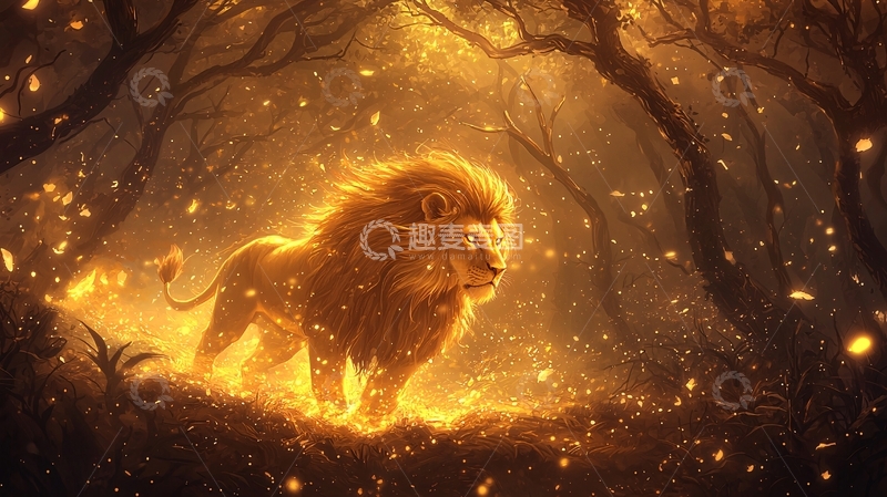 高清大图下载【趣麦麦图】发光狮子在森林中