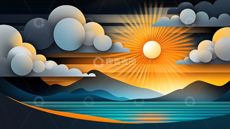 高清大图下载【趣麦麦图】金色阳光穿透云层照耀山水