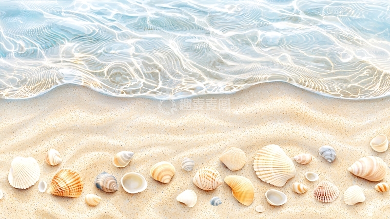 高清大图下载【趣麦麦图】海浪沙滩贝壳水彩画