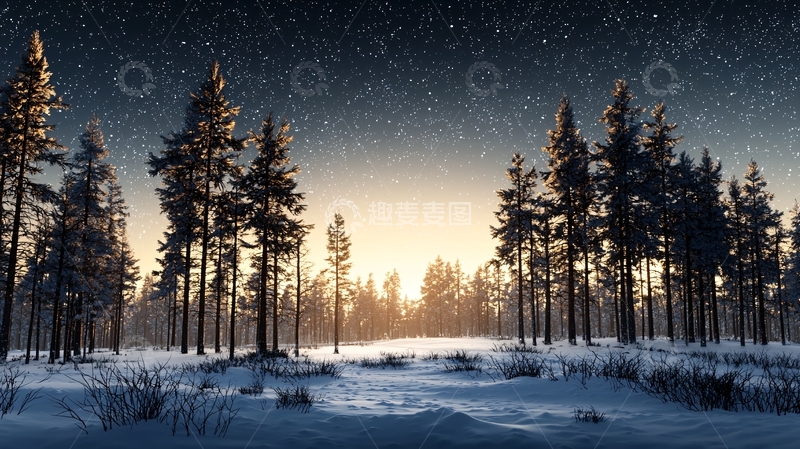 高清大图下载【趣麦麦图】雪地森林星空日出美景