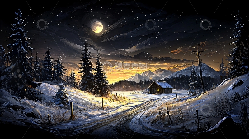 高清大图下载【趣麦麦图】雪夜小屋月光