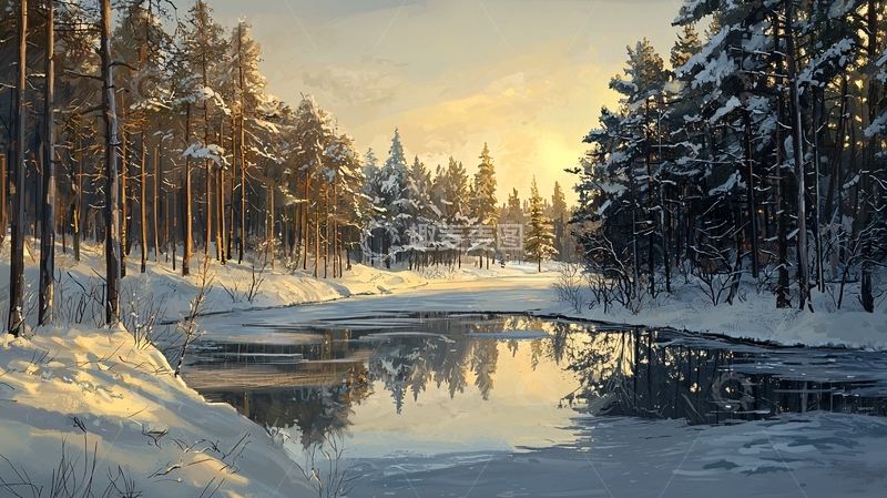 高清大图下载【趣麦麦图】冬日森林小河水面平静