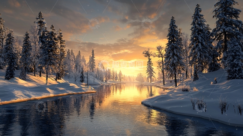 高清大图下载【趣麦麦图】冰雪覆盖的河流在日落时分