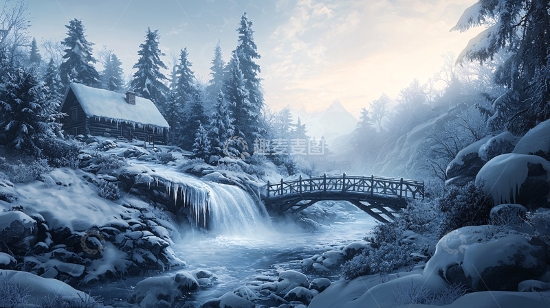高清大图下载【趣麦麦图】冬日雪景小屋流水桥梁