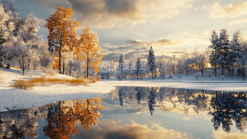 高清大图下载【趣麦麦图】冬日湖面金黄树影