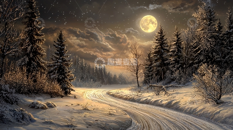 高清大图下载【趣麦麦图】冬夜雪地月光下的森林