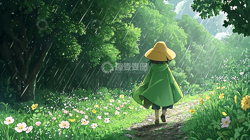 高清大图下载【趣麦麦图】雨中绿色森林小路上的女孩
