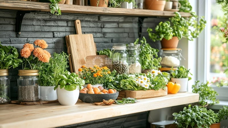 高清大图下载【趣麦麦图】厨房台面上的绿色植物