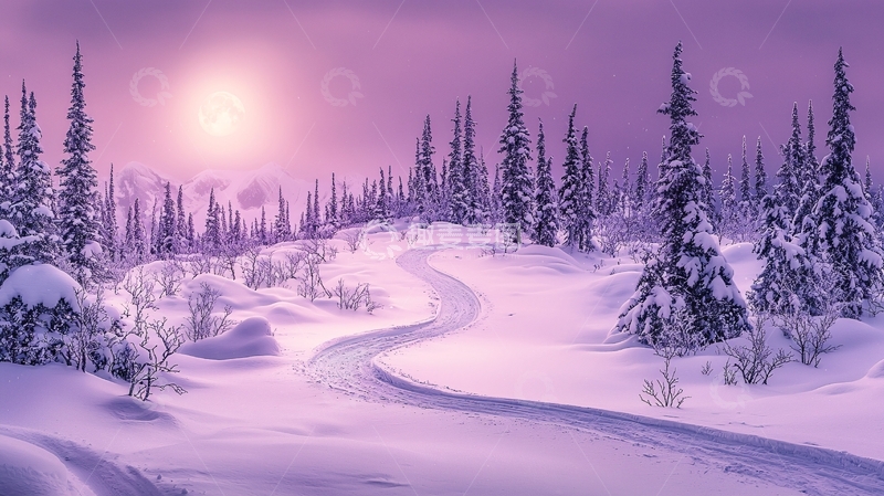 高清大图下载【趣麦麦图】雪地森林紫色光辉